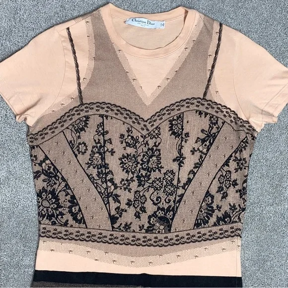 S VTG Y2k AUTH Christian Dior 2006 Trompe L'oeil Denim Lace Tee Shirt Logo Top - Picture 5 of 15